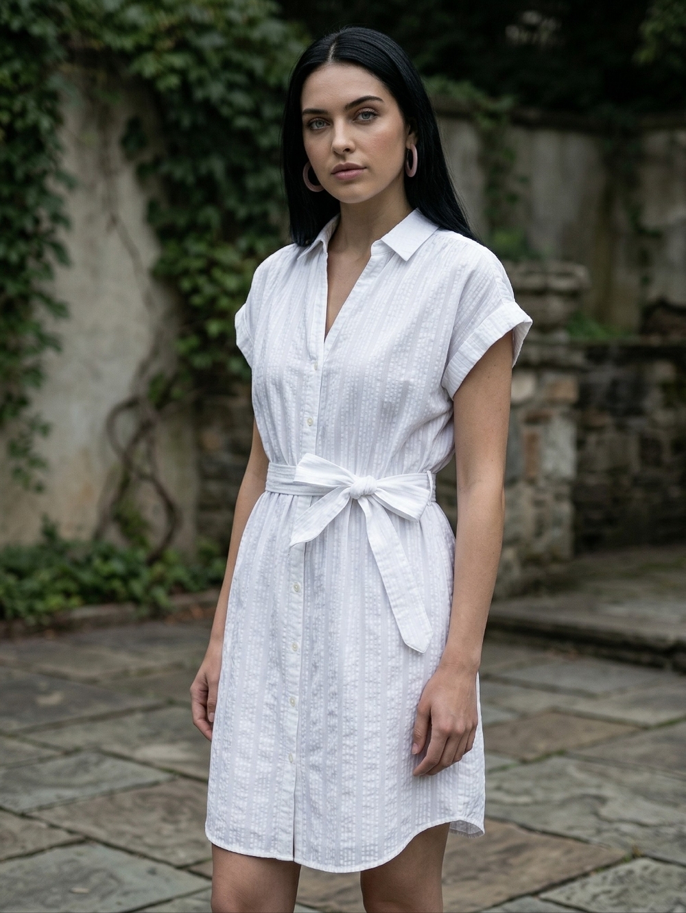 EUC J Crew Size XXL White On White Tonal Pinstriped Button Through Shirt Dress!!